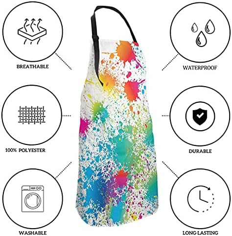 Artist Apron Waterproof Colorful Painting Apron.Adjustable Neck & with 2 Pockets Suitable for Home Kitchen Baking Grill Bistro Cooking Rainbow paint apron Women