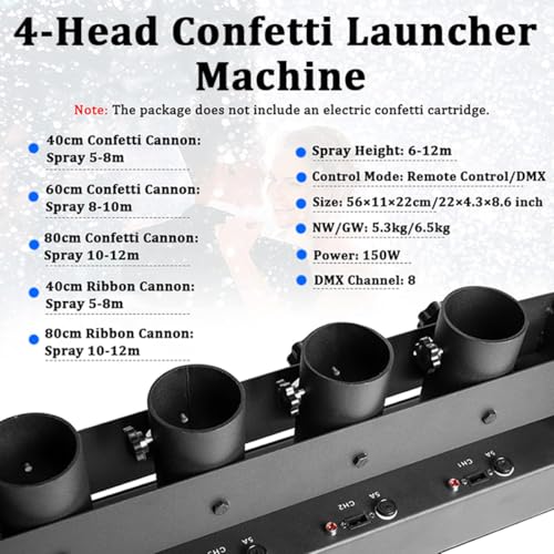Máquina lanzadora de confeti - Cañón de confeti eléctrico de 4 cabezales con DMX512 y control remoto para bodas, discotecas, espectáculos, clubes y fiestas en el escenario