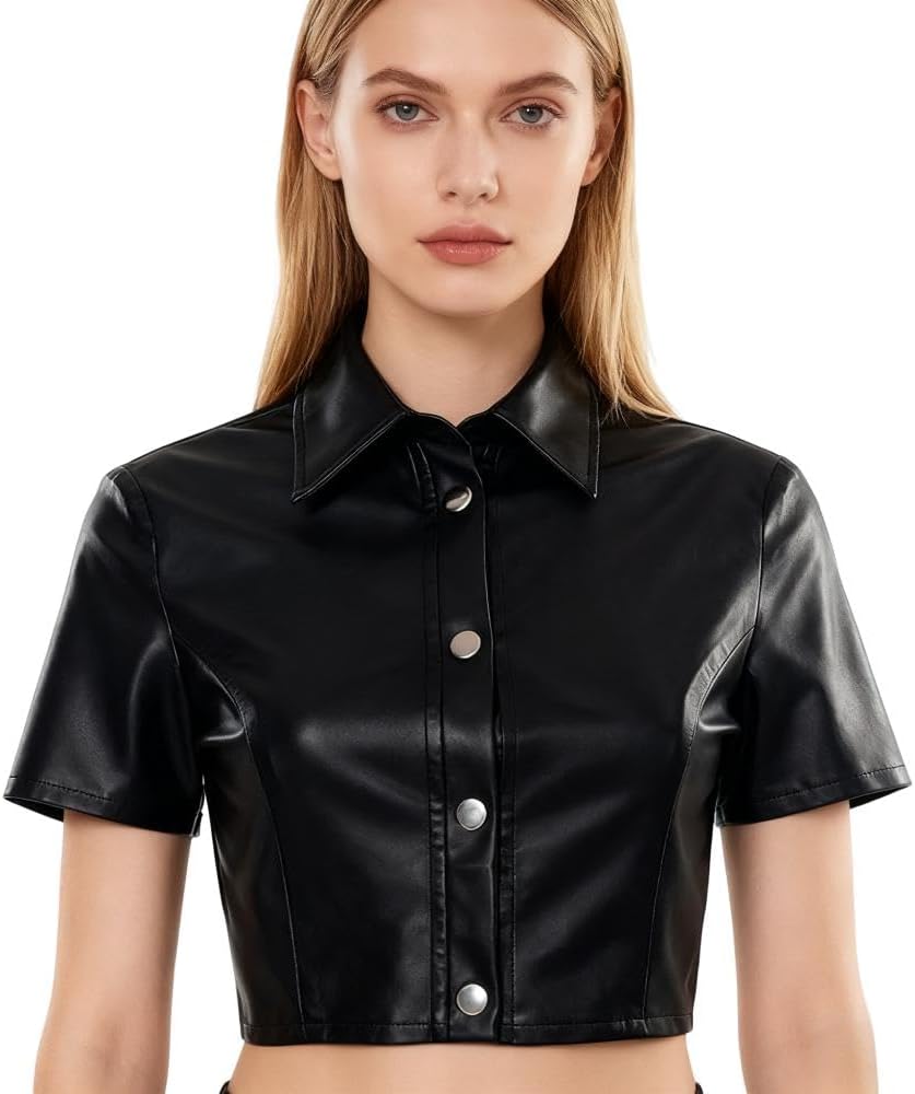 AIBEARTY Women's Sexy PU Leather Button Down Short Sleeve Crop Tops Collar Blouse Shirt for Party Club Streetwear - Image 2