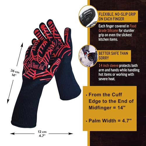 Image of GRILL HEAT AID BBQ Grill Gloves Heat Proof for Grilling - Fireproof 1472F Heat-Resistant Grill Mitts for Outdoor Barbecue and Smoker, Campfire, Fire Pit, Oven Glove with Fingers for Baking Pizza