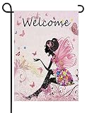 Uanvaha Welcome Fairy Outdoor Garden Flag Pink Flower Cartoon Butterfly Girl Angel Floral Vertical B