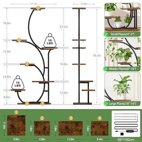 Image of Plant Stand Indoor with Grow Lights - Lighted Indoor Plant Shelf, 57 inch 7 Tier Corner Plant Stands for Indoor Growing, Tall Flower Display Shelf, Metal S-Shaped Holder for Living Room, Bedroom, Black
