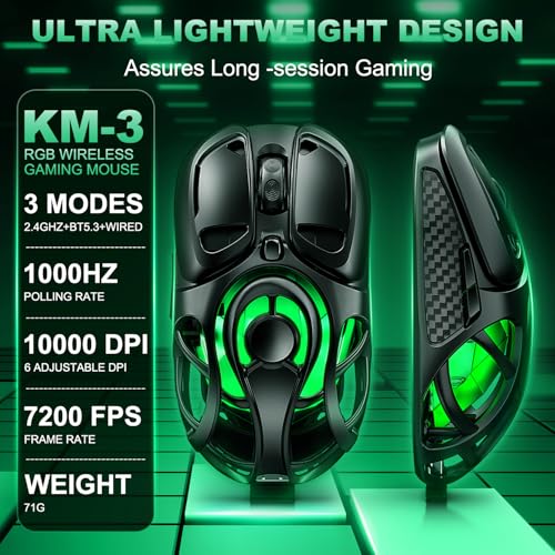 YPBDAN Wireless Gaming Mouse, Tri-Mode 2.4G/USB-C/Bluetooth 5.3 RGB Wireless Mouse, 10000 DPI, 60Hrs Battery, Ultra-Light Ergonomic Design, Rechargeable Computer Mice Compatible with PC Mac Laptop — view 2