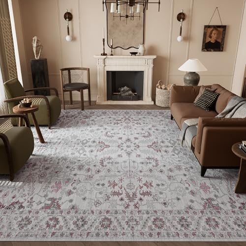 Vintage 9x12 Washable Area Rug, Low-Profile Large Area Rug with Non-Slip Backing & Durable Edge Binding, Pet-Friendly Carpet, Large Rug for Living Room, Bedroom & Dinning Room