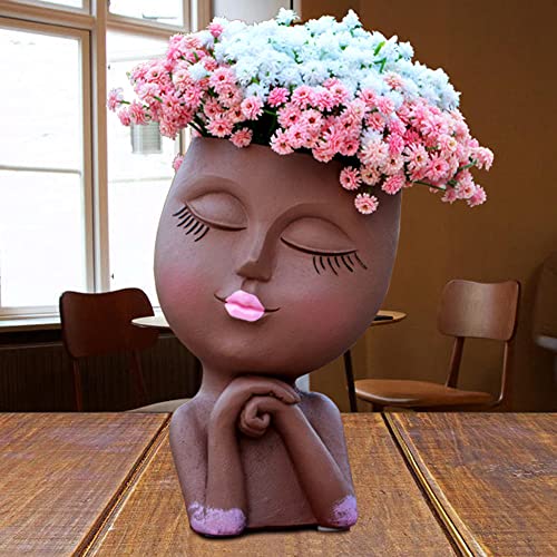 Girl Face Planter, Head Planters, Lady Heads Flowerpot, Cute Faces Plant Pot, Small Female Statue Flower Pots with Drainage Hole for Indoor Outdoor Succulents Plants, Modern Human Art Vase(7" Brown)