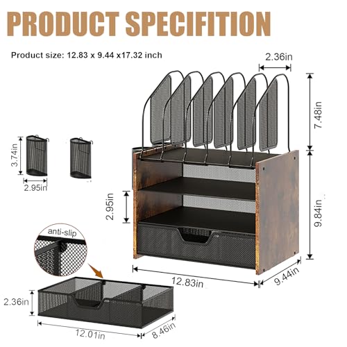 4-Tier-Wood-Desk-Organizer-with-Drawer-Desk-Accessories-Organizer-and-Paper-Organizer-Tray-Paper-Organizer-for-Desk-Vertical-File-Holder-and-2PCS-Pencil-Holders 4 Tier Wood Desk Organizer with Drawer Desk Accessories Organizer and Paper Organizer Tray Paper Organizer for Desk Vertical File Holder and 2PCS Pencil Holders