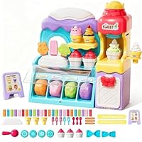 DIY Ice Cream Play Dough Set, Creative Play Dough Kit for Kids, Children Playdough Noodle Maker Gift for Creativity, Role Play & Sensory Skills Toy Kitchen Accessories for Toddlers(58Pcs)
