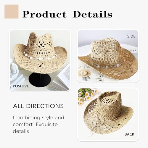 Image of Straw Cowboy Hats for Women Sparkly Western Cowgirl Hat for Holiday Party Foldable Vacation Beach Sun Hat with Wide Brim