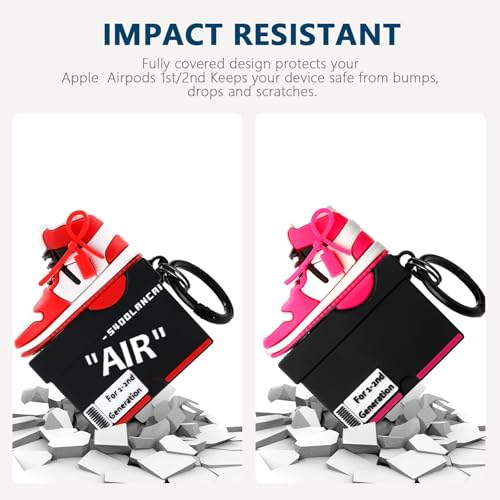 Image of [2Pack] Gedicht for Apple Airpods 2nd Generation Case Cover, Cute Cartoon Shoe Box Soft Silicone Protective Cases for AirPods 1&2 Case with Keychain for Women Men, Red+Rrose Red