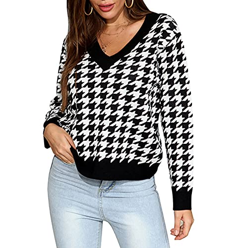 KeYIlowys Pull en Maille Jacquard Pied-De-Poule à Manches Longues Et Col en V Femme Automne