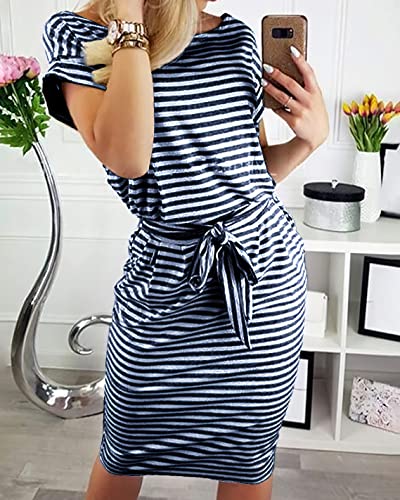 Image of PRETTYGARDEN Women's Summer Short Sleeve Crewneck Striped Dress Basic Solid Tie Waist Office T Shirt Dresses Pockets