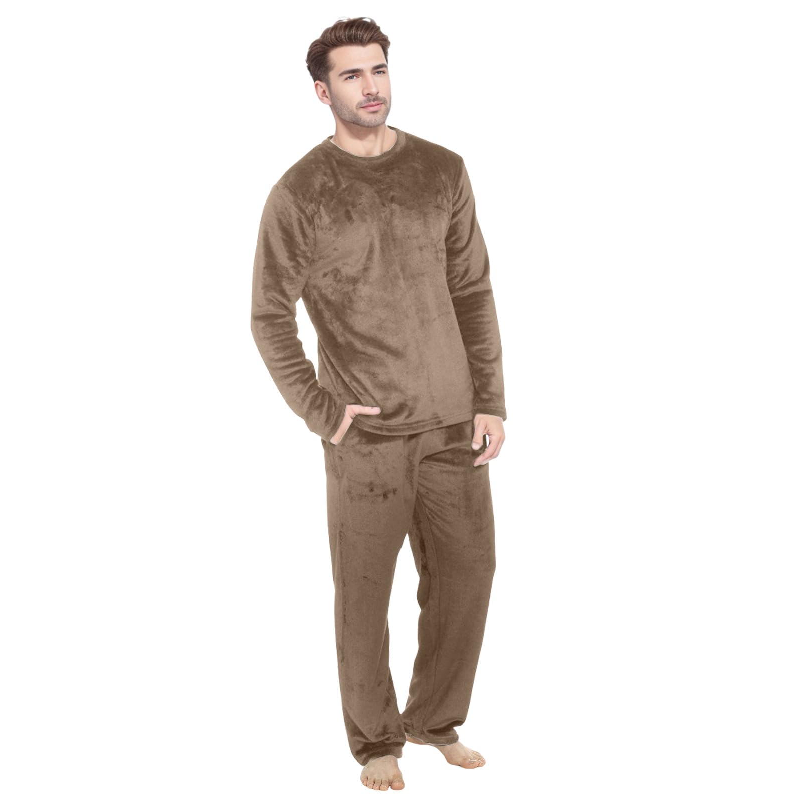 Pigiama da uomo lungo in flanella, morbido pile, 2 pezzi, a maniche lunghe, abbigliamento da notte, casual, abbigliamento da notte morbido, set di pigiama natalizio