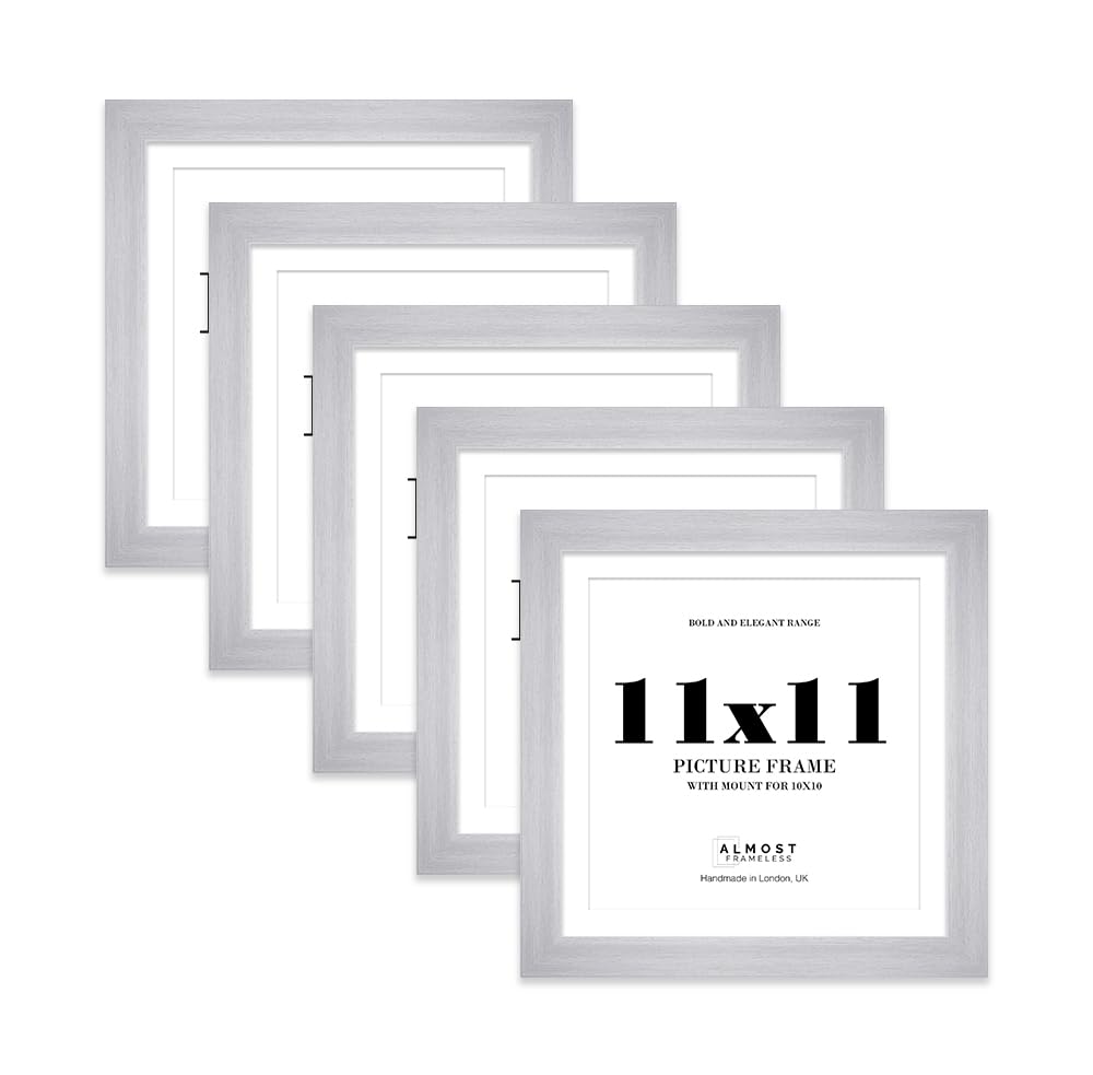 11x11" Silver Square Frame With Mount for 10x10" Pictures 28mm Edge Frame Display with Wall Hooks and Kickstand, 5 Pack