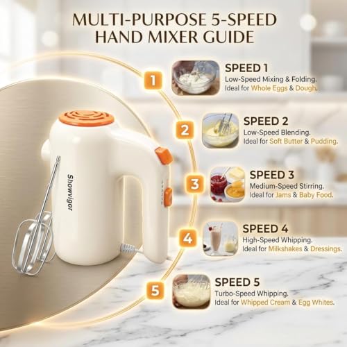 Image of Hand Mixer, 5-Speed Electric Whisk with Turbo Boost Includes 5 Stainless Steel Attachments - Great Stand Mixer Alternative for Baking Cakes, Bread & More