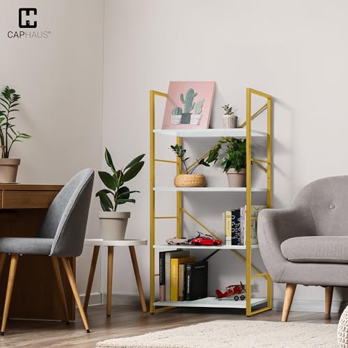Image of CAPHAUS 4 Tier Bookshelf, 24 Inch Width Free Standing Shelf, Bookcase Shelf Storage Organizer, Industrial Book Shelves for Home Office, Living Room, Kitchen, White Wooden Shelves & Gold Frame