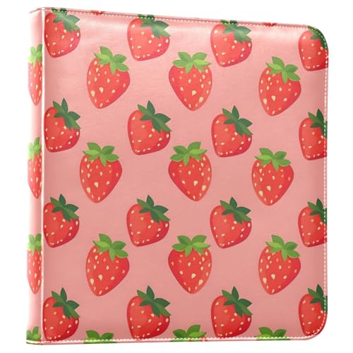 JIPONI Strawberrys Pink Background Large Photo Album, DIY Leather Cover Scrapbook Albums for 4x6 5x7 6x8 Pictures, Self Adhesive Memory Book for Wedding, Baby, Family
