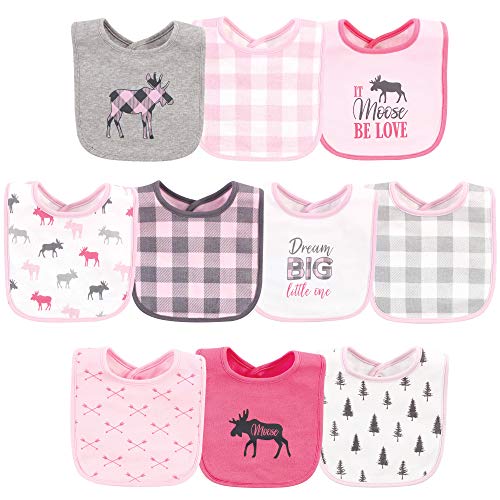 Image of Hudson Baby Unisex Baby Cotton Bibs, Pink Plaid Moose, One Size
