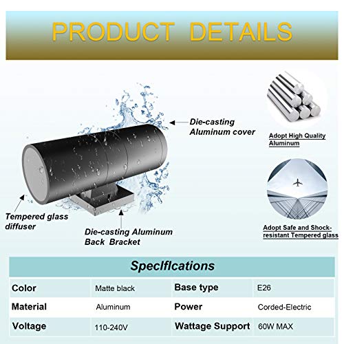 Tipace 2 Pack Dusk To Dawn Modern Outdoor Porch Lights Matte Black Sensor Up And Down Wall Lights Cylinder Patio Light,Exterior Wall Light Fixtures For Courtyard,Entryway,Garage (Bulbs Not Included) #TOP7