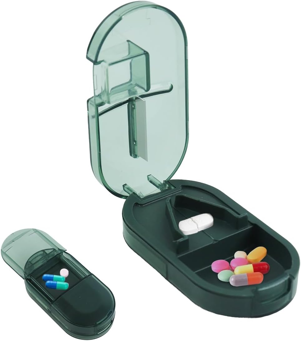 Pill Cutter, Portable Pill Splitter 2-in-1 Pill Case with Stainless Steel Blade, Cuts Pills Storage Box for Small or Large Vitamins Tablets, with Mini Pill Organizer Compartment, Green