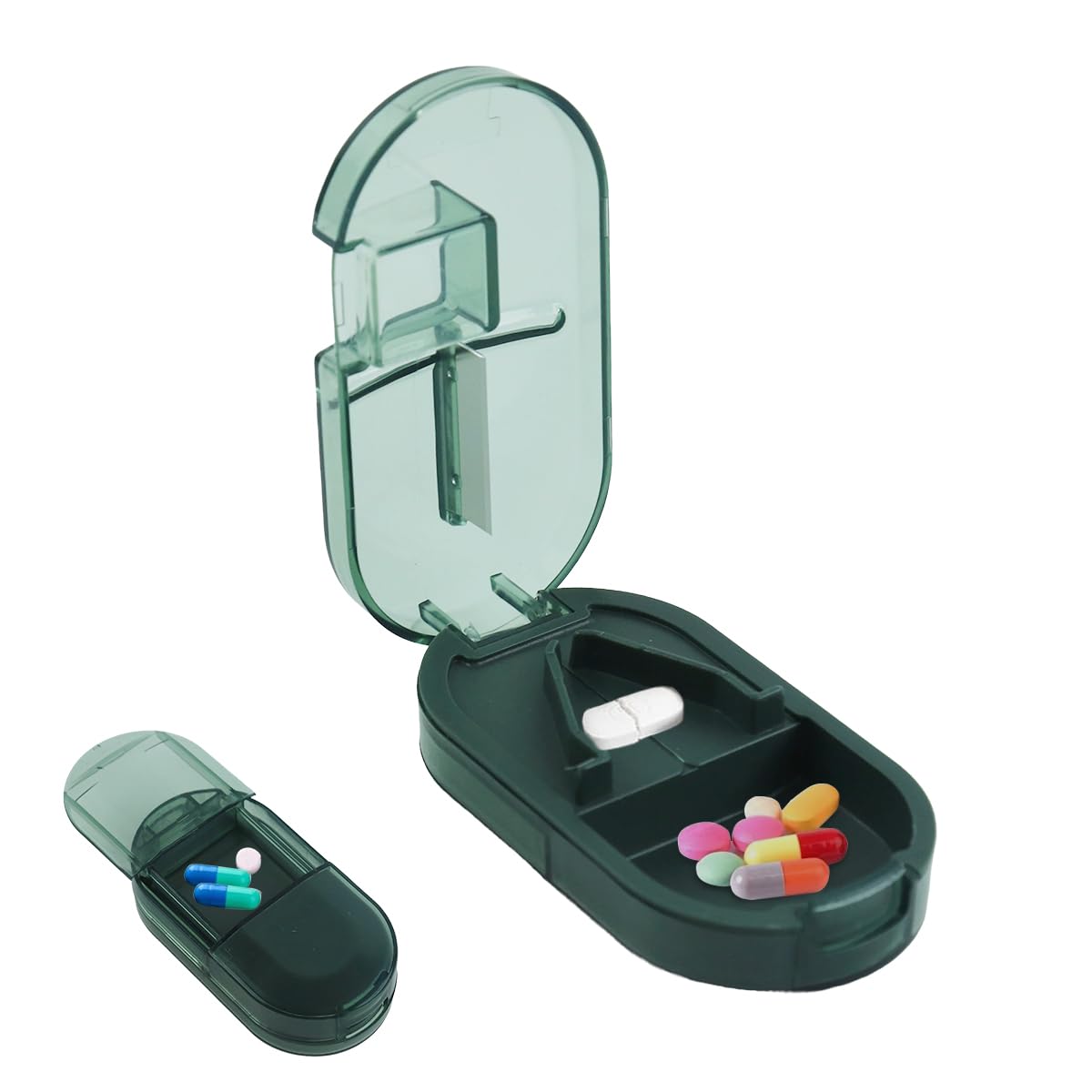 Pill Cutter, Portable Pill Splitter 2-in-1 Pill Case with Stainless Steel Blade, Cuts Pills Storage Box for Small or Large Vitamins Tablets, with Mini Pill Organizer Compartment, Green