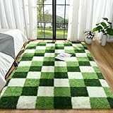 Zedrew Shag Area Rug, 4x6 ft Deep Green White Fluffy Rugs for Bedroom Living Room, Soft Shaggy Modern Indoor Carpets, Cute Plush Rugs for Kids Girls Room Nursery, High Pile Throw Rug for Home Decor