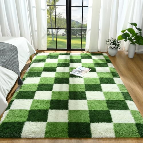 Zedrew Shag Area Rug, 4x6 ft Deep Green White Fluffy Rugs for Bedroom Living Room, Soft Shaggy Modern Indoor Carpets, Cute Plush Rugs for Kids Girls Room Nursery, High Pile Throw Rug for Home Decor