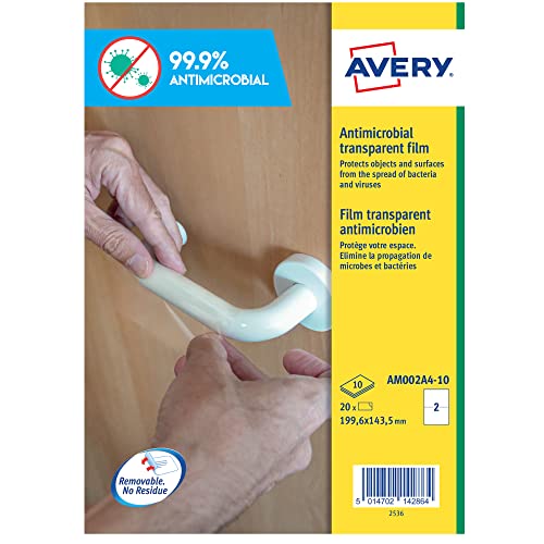 Avery Antimicrobial Film, clear film labels for desks, books and touchscreens, 199.6 x 143.5mm 2 labels per A4 sheet, 10 sheets per pack AM002A4