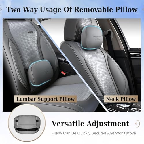 Image of Coverado Car Seat Covers Full Set, Gray Seat Covers for Cars, Waterproof Nappa Leather Automotive Seat Covers with Lumbar Head Pillow, Car Seat Protectors, Universal Fit for Most Cars SUV