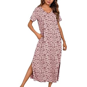 Marvmys Women Short Sleeve Nightgown Cotton Long Nightshirts with Pocket 3X-Large Pink Heart