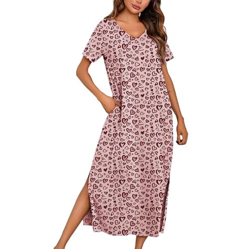 Marvmys Women Short Sleeve Nightgown Cotton Long Nightshirts with Pocket X-Large Pink Heart