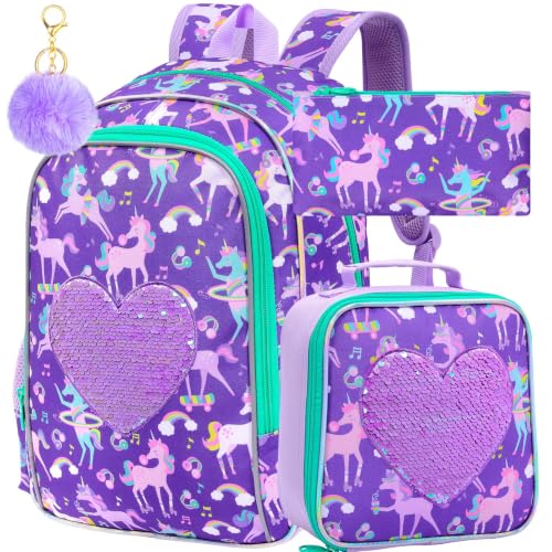 Image of 3Pcs Unicorn Backpack for Girls, 16 inch Sequin Kids Bookbag with Lunch Box，School Backpacks for Elementary Preschool Kindergarten (Purple)