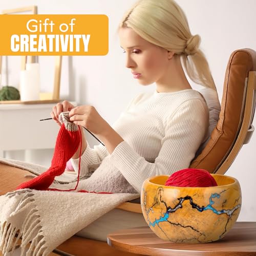 Image of Wooden Yarn Bowl for Crocheting, 7x4inch Large Yellow Teak Crochet Holder Gift Accessories and Knitting Gadgets Supplies Handcrafted with Fractal Wood Burning & Blue,White,Black Resin Inlay (H-Multi)