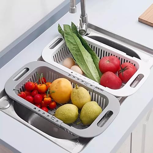 Over The Sink Colander Strainer Basket To Wash Vegetables And Fruits, Drain Cooked Pasta And Dry Dishes Adjustable Extendable Fits Most Kitchen Sinks Essentials (7.5 W X 13.5-17.7 L X 2.56 H) – 2Pk #TOP2