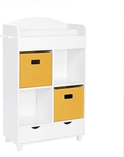 RiverRidge Home Bookshelf for Kids Toy Storage Cabinet with Cubbies Book Nook Area - 4 Cubbies 2-Slot Bookrack 2 Yellow Folding Cubby Bins and 2 Drawers & Hooks for Kids Toys, Games and Book Storage