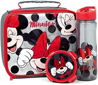 Disney Minnie Mouse Lunch Box 3 Piece Set for Kids | Red Glitter Insulated Packed Food Bag, Water Bottle & Snack Pot for School | Girls Character Merchandise