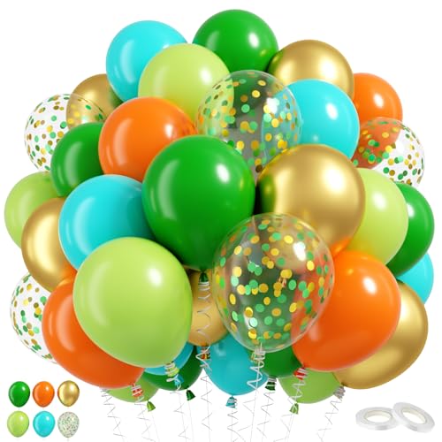 Image of Dinosaur Balloons, 60 Pcs 12 Inch Dark Green Teal Blue Orange Fruit Green Confetti Balloons for Boys Birthday Jungle Party Decorations