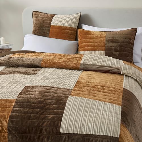 Image of Wonderful 3-Piece Velvet Patchwork Quilt Set, Queen Striped Channel Stitch Brown Quilt,Pet-Friendly,Soft Lightweight Comforter Versatile as Quilt /Bedspread for Adults Teens Kids Bedroom,94 inchx94 inch