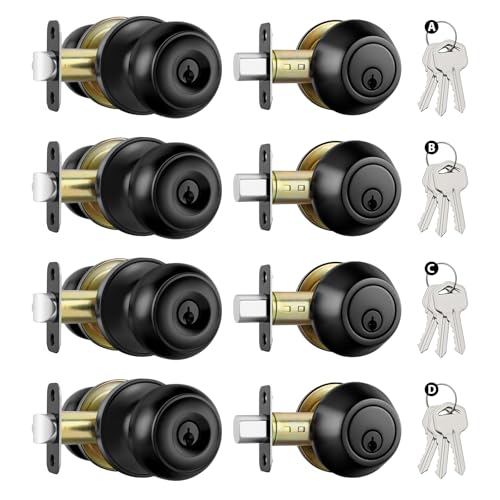 Goldenwarm 4 Pack Entry Door Locksets with Deadbolt, Keyed Unlike, Matte Black Exterior Door Knobs with Single Cylinder Deadbolt, Stainless Steel Front Door Handle Sets for Rental Properties & Offices by Goldenwarm - Used condition - US$58.64