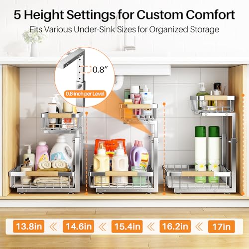Image of PXRACK Under Sink Organizer, Adjustable Height, 2 Tier Pull Out Cabinet Organizer, Slide Out Thickened Metal Storage for Kitchen Bathroom Laundry Pantry Cabinet, Stainless Steel, Silver, Large-2-Pack