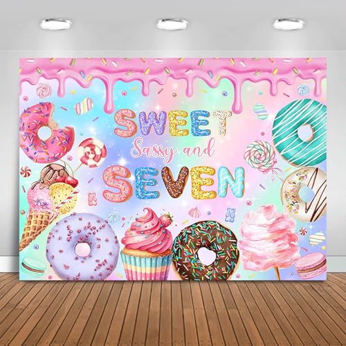 Fitumiw Donut 7th Birthday Backdrop 7x5ft Sweet Sassy and Seven Donut Birthday Party Decorations Background for Girls Happy 7th Birthday Cake Table Banner Photo Booth Props