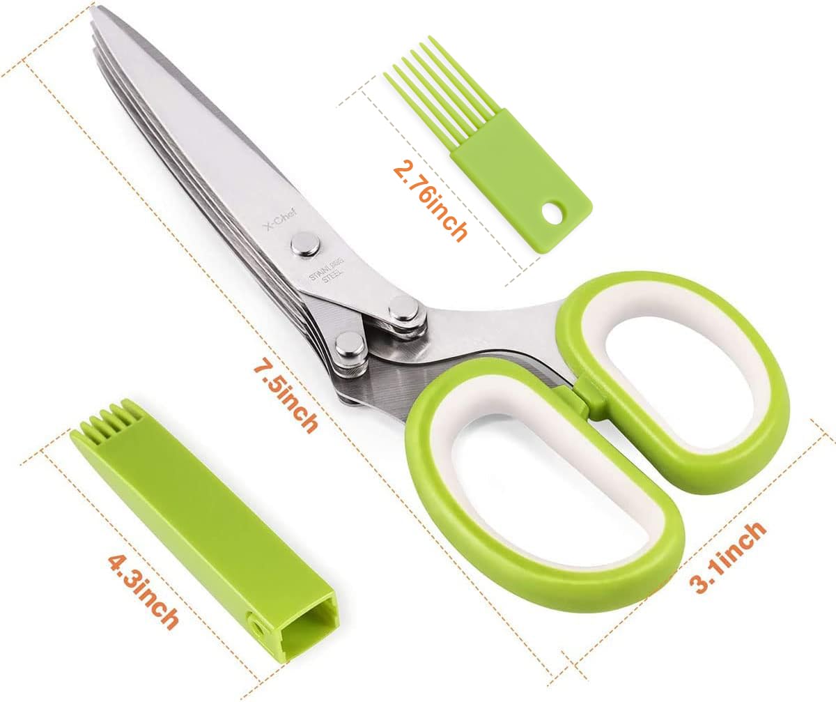 Herb Scissors, X-Chef Multipurpose 5 Blade Kitchen Herb Shears Herb Cutter with Safety Cover and Cleaning Comb for Chopping Basil Chive Parsley (Green)