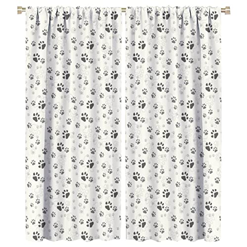 INSFBRB Abstract Dog Paw Prints Rod Pocket Blackout Curtains - Cartoon Cute Black Dog Paw Window Curtain Set Energy Saving Thermal Insulated Drapes for Living Room 2 Panels 54L x 21W