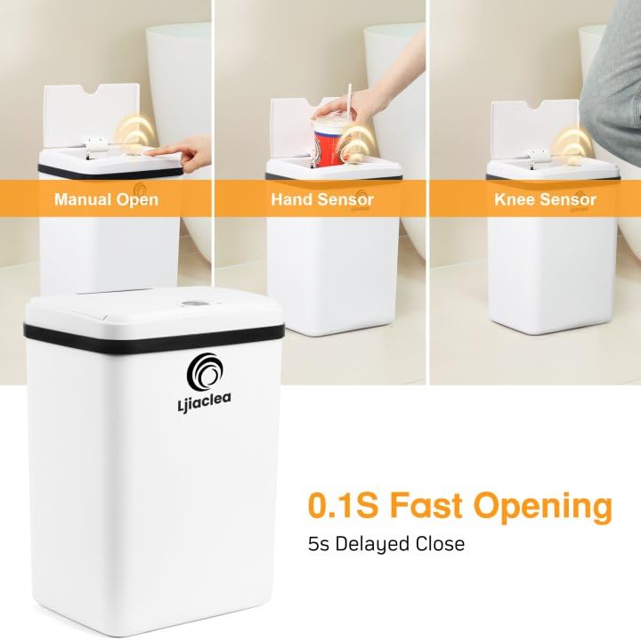Image of Automatic Touchless Bathroom Trash Can with Lid 4 Gallon Motion Sensor Electric Waterproof Platic Slim Garbage Can for Kitchen,Bedroom, Office, Living Room,Laundry,Battery,White,2Pack