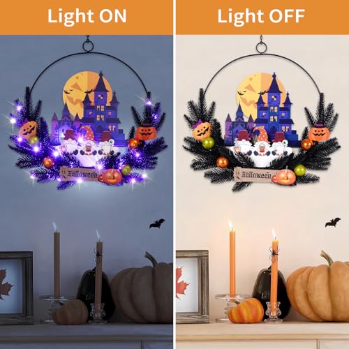 Pre-Lit Halloween Wreath for Front Door, Lighted Dwarf with 6H On/18H Off - image 2