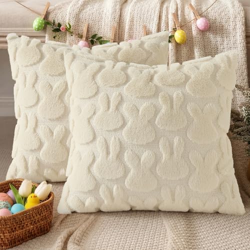 Image of decorUhome Easter Bunny Pillow Covers 16x16 Inch Set of 2, Soft Plush Faux Wool Jacquard Beige Rabbit Cushion Covers, Farmhouse Neutral Spring Easter Holiday Decor for Couch Sofa Bed