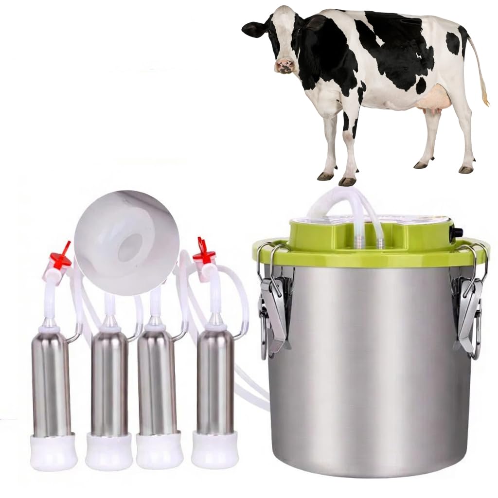 Mungitrice per mucche, 【KOUBHYJ 12L Attrezzatura per la Mungitura】[Integrato-Caricabile e collegabile-Massaggio pulsante]con Secchio in Acciaio Inox 4 Tettarella In Gomma per Mucche