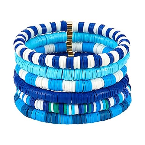 Ornaland 6PCS Heishi Surfer Bracelets Set 6mm Polymer Clay Heishi Beads Stretch Bracelets Bohemia Summer Beach Jewelry for Women (Blue) Cover