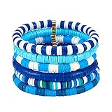 Ornaland 6PCS Heishi Surfer Bracelets Set 6mm Polymer Clay Heishi Beads Stretch Bracelets Bohemia Summer Beach Jewelry for Women (Blue)