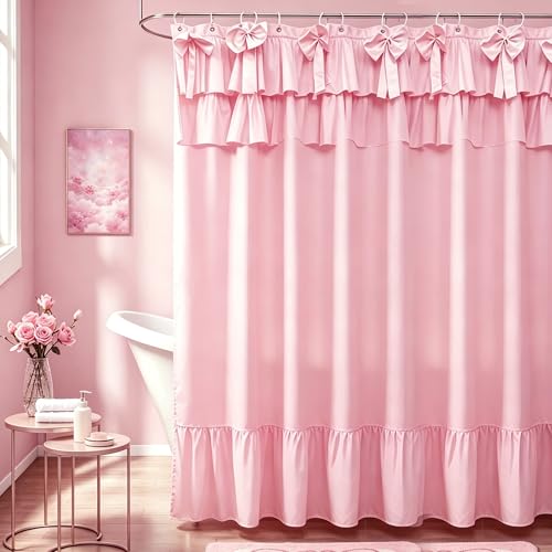 GBYcLyw Pink Short Cottagecore Shower Curtain 60'' with Bows - Ruffled Farmhouse Bathroom Decor, Vintage Country Chic Fabric Curtain Sets, Machine Washable, 72x60