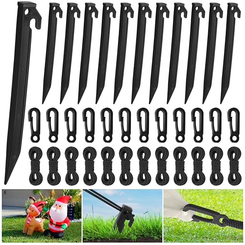 Aodaer 36 Pieces Plastic Inflatable Stakes Set Heavy Duty Halloween Christmas Yard Stake with Ropes and Hooks Anchoring Ground Stake for Xmas Garden Inflatables Accessories, Black